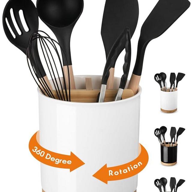 LoeJan 3 Compartment Utensil Holder, 7.2” Extra Large Utensil Crock, Stable Ceramic Utensil Organizer, Cooking Tool Organizer Set for Kitchen Counter Farmhouse Decor (White (Grossy))
