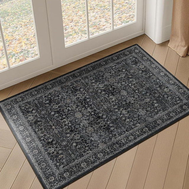 Jainmy Charcoal Black Entryway Rug Indoor, 2x3 Small Door Rugs for Entry Way/Kitchen/Bathroom, Washable Non Slip Low Pile Thin Door Mat Indoor Entrance, Vintage Retro Dark Rug with Decorative Fringe