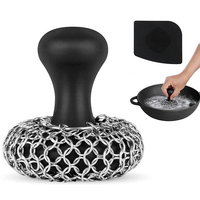 Cast Iron Scrubber + Pan Scraper, Upgraded Cast Iron Cleaner with Ergonomic Handle, Chainmail Scrubber for Cast Iron Pans and Skillets, Dishwasher Safe, Black