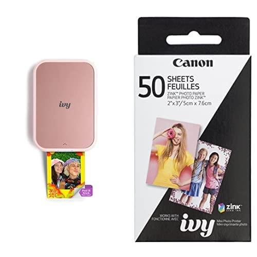 Canon Ivy 2 Mini Photo Printer, Print from Compatible iOS & Android Devices, Sticky-Back Prints, Blush Pink Zink Photo Paper Pack, 50 Sheets