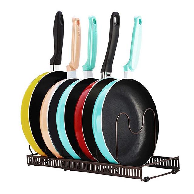 Toplife Expandable Pans Organizer Rack,10 Adjustable Compartments, Pantry Cabinet Bakeware Lid Plate Holder