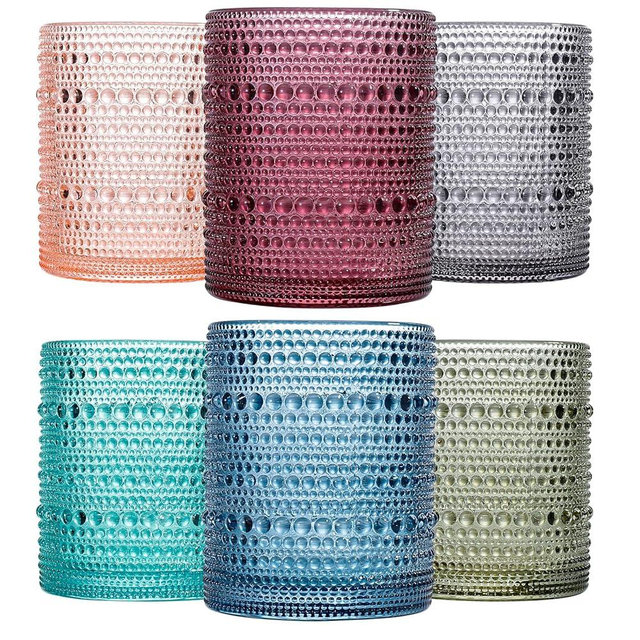 JOVGANK Colored Vintage Hobnail Drinking Glasses Set of 6, Embossed Water Tumbler 12oz, Kitchen & Bar Beaded Glass Cups, Beverage Glass Cups for Water, Beer, Juice, Cocktail Glassware, Mixed Color