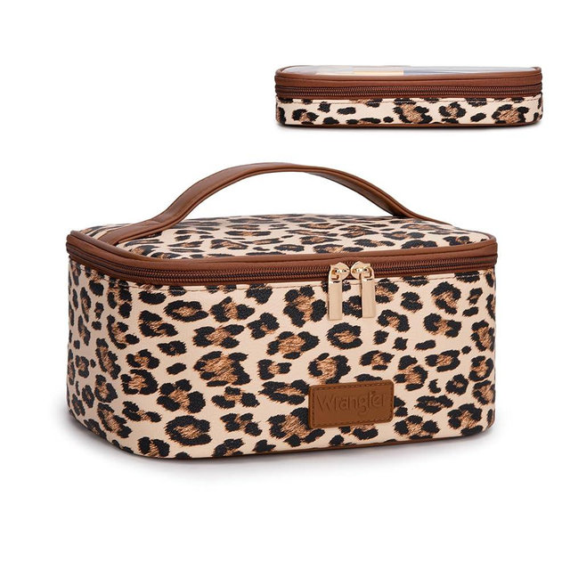 Montana West X Wrangler Travel Makeup Bag 2pcs Set Large Cosmetic Bag with Makeup Brush Holder Portable Make Up Organizer Cute Toiletry Bag with Divider and Handle for Women Leopard