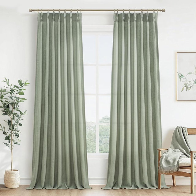 PleatedDrapes Sage Green Farmhouse Curtains for Living Room 96 Inches Long 2 Panels Set, Pinch Pleat Linen Sheer Curtain Light Filtering Privacy for 96 Inch Length Large Window Drape(Hooks & Back Tab)