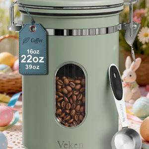 Veken Coffee Canister with Window, Easter Gifts Airtight Stainless Steel Container with Lids, Home Kitchen Food Storage Jars for Grounds, Beans, Tea, Flour, Cereal, Sugar, Basket, Scoop, 22OZ, Green