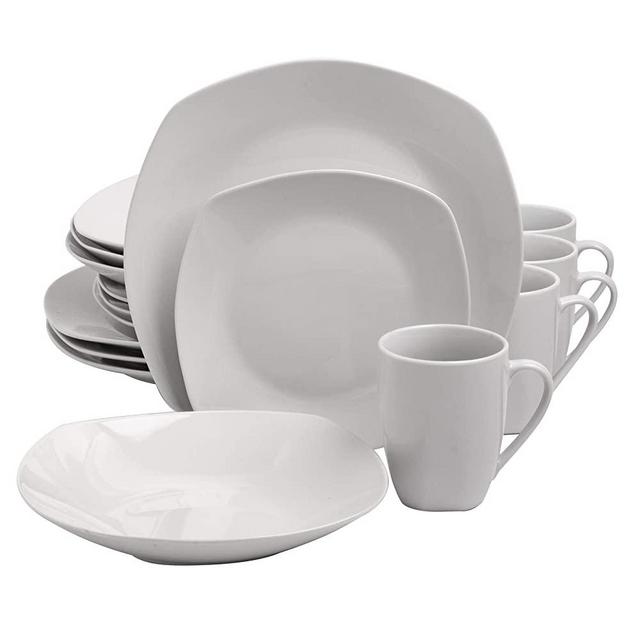 Gibson Home Back to Basics Dinnerware Sets, Square: Service for Four (16pcs), Classic Pearl