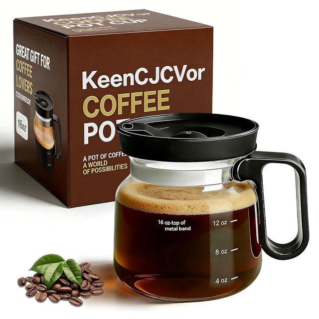 KeenCJCVor 16 Oz Glass Mini Coffee Pot Mug with Spill Proof Lid, Heatproof Clear Coffee Pot Cup, Novelty Coffee Mug for Travel & Office, Ideal for Coffee Lovers (1 Pack)