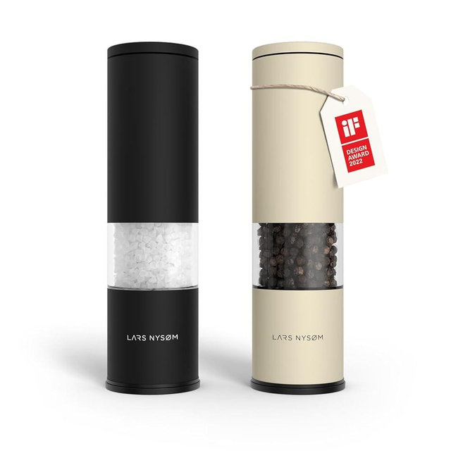 LARS NYSØM Salt and Pepper Mills Set Stainless Steel with Adjustable Ceramic Grinder 2 pieces I Design Spice Mills Set Manual (Black/Beige)