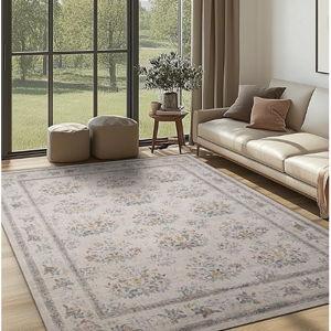 6x9 Washable Non-Slip Area Rug for Living Room, Dining Room, Bedroom Home Office-Floral Vintage Farmhouse Non-Shedding Distressed Low Pile Area Rug (Beige,6x9)