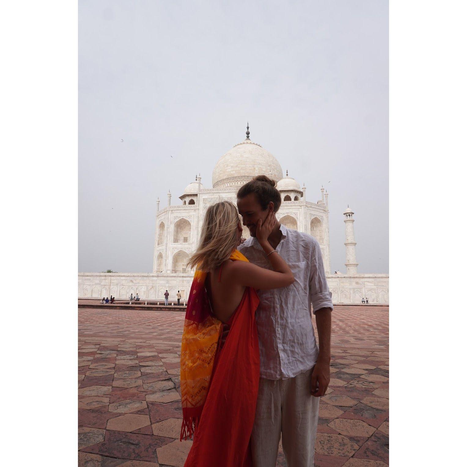 "Just the two of us, creating memories in foreign lands..." Watching the sunrise at the Taj Mahal in Agra, India