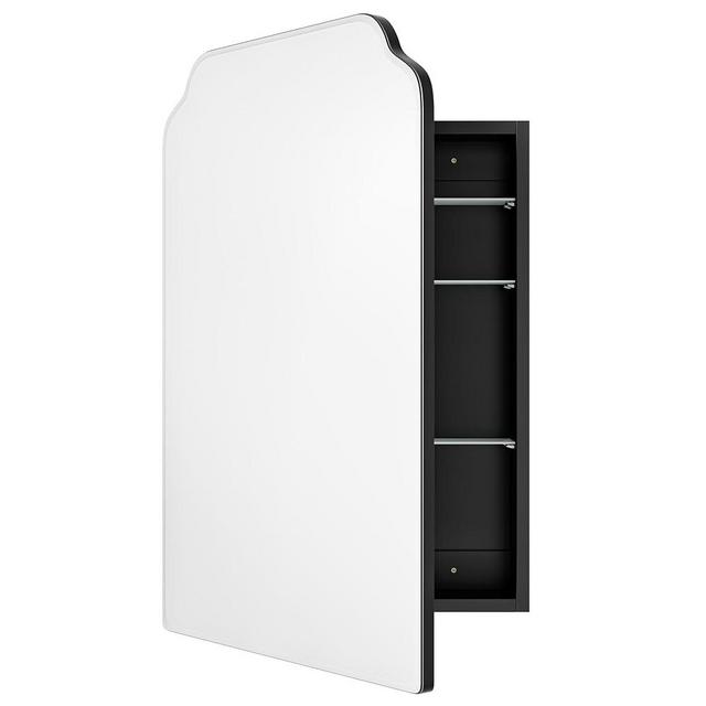 AGDULL Victorian-Style Recessed Bathroom Medicine Cabinet, Wood Wall Cabinet with 17.5"x29" Curved Mirror, Bathroom Storage Cabinet, Black, Left-Swing Door