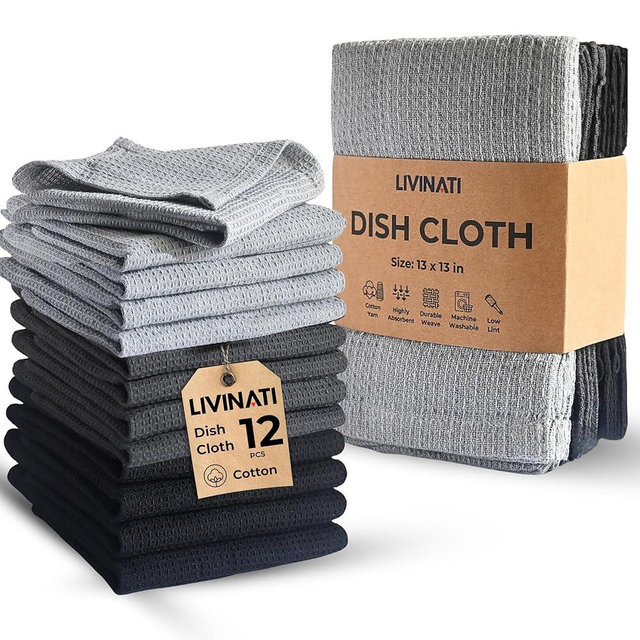 LIVINATI Kitchen Dish Cloths for Washing Dishes - Waffle Weave Cotton Dish Rag Towel - 13"x13" Set of 4+4+4 - Light + Dark Gray + Black Kitchen Washcloth Dishcloth Dishrag Dishtowel Wash Cloth