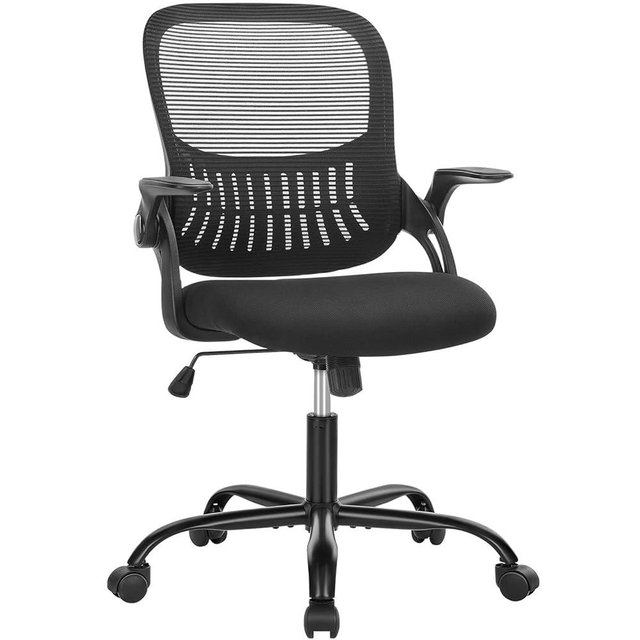 SMUG Office Computer Desk Chair, Ergonomic Mid-Back Mesh Rolling Work Swivel Task Chairs with Wheels, Comfortable Lumbar Support, Comfy Flip-up Arms for Home, Bedroom, Gaming, Study, Student, Black