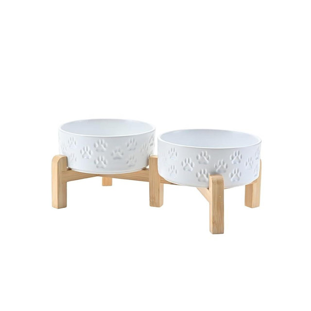 SPUNKYJUNKY Elevated Dog Bowls Ceramic, 5.1'' Dogs and Cat Food Water Bowls Raised with Non-Slip Bamboo Stand for Puppy Small Sized Breed Microwave Dishwasher Safe - 13.5 OZ,Paw White