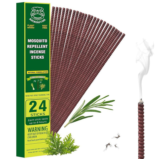 KICKOUTOR® Mosquito Repellent Outdoor Patio, 24 Count Large Natural Citronella Mosquito Incense Sticks, 8-Hour Burn DEET-Free Flying Insect & Bug Control for Backyard Camping - Gnat No-See-um