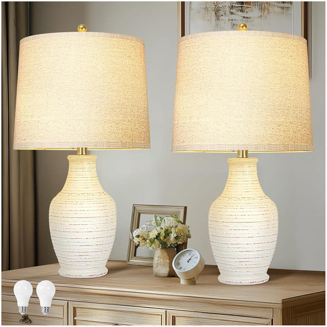 23" White Washed Ceramic Table Lamps Set of 2 with 3-Way Dimmable Bulb,Rotary Switch,Lamps for Living Room,Bedside Lamp with Linen Shade,Nightstand Lamps of 2 for Living Room Bedroom(Bulb Included)