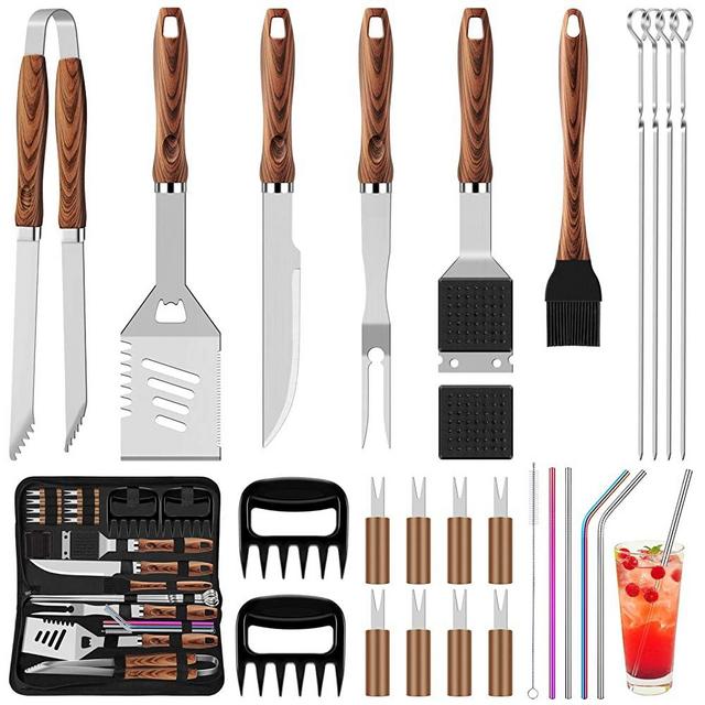 ROMANTICIST 27pcs Heavy Duty BBQ Tools Gift Set for Men Dad, Extra Thick Stainless Steel Grill Utensils with Meat Claws, Grilling Accessories Kit in Portable Carrying Bag for Camping, Backyard Brown