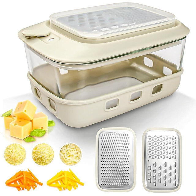 COOK A FUTURE Cheese Grater with Container and Lid,Glass Food Storage Box with Silicone Sleeves,Hand Chopper Graters,for Ginger, Vegetables, Butter, Chocolate & Nutmeg,for Microwave, Dishwasher, Oven