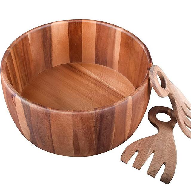 Wood Salad Bowl with Salad Hands, Large 12 5/8 inch Acacia Wooden Salad Serving Bowl Set, Salad Mixing Container With Salad Servers Claw For Entertaining Family Party Dinner