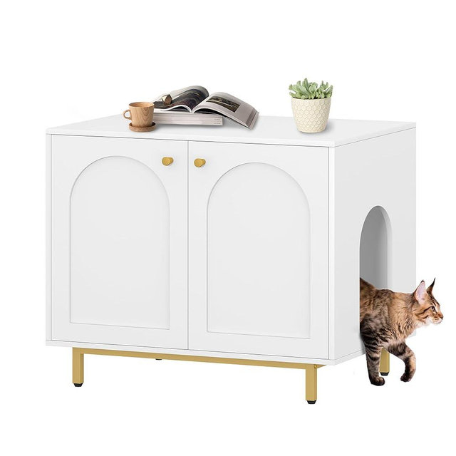 Hzuaneri Cat Litter Box Enclosure, Hidden Litter Box Furniture Cabinet, Wooden Indoor Cat House, Side End Table, Living Room, Bedroom, White and Gold CB85003G