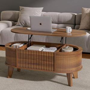 LYNCOHOME Fluted Lift Top Coffee Table with Storage,Modern Oval Coffee Table for Living Room or Home Office（Walnut）