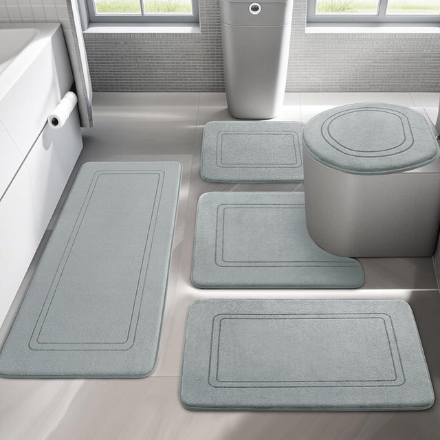 YIHOUSE Memory Foam Bath Mat Set, Bathroom Rugs Sets 5 Pieces, Non Slip Bath Mats for Bathroom, Super Soft and Water Absorbent Bath Rug Set, Machine Washable U Shape Toilet Mats Set,Light Grey