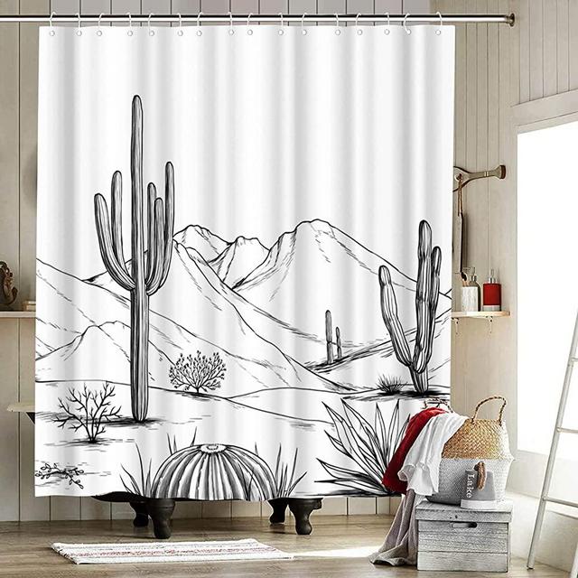 RnnJoile Cactus Shower Curtain Sketch Western Nature Landscape with Mountain and Desert Plant Bath Curtain Black and White Bathroom Decor with Hooks 72"×72"
