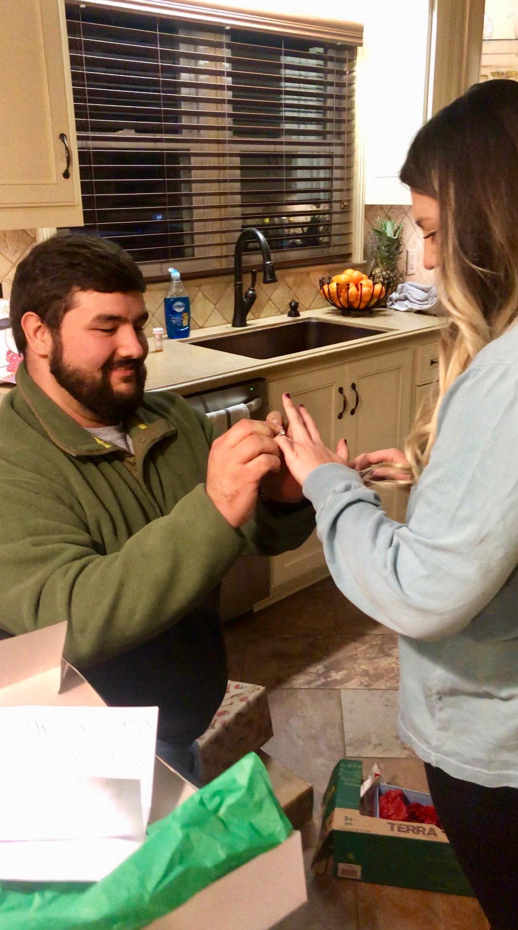 That ring was burning a hole in Dyls pocket so he proposed right in my moms kitchen on Christmas Eve 2018!