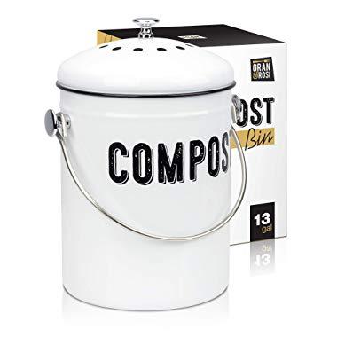 Stylish Farmhouse Kitchen Compost Bin - 100% Rust Proof w/Non Smell Filters - Easy Clean 1.3 Gallon Container Looks Fabulous on Your Kitchen Countertop