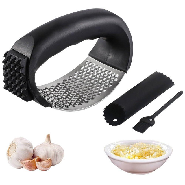 Garlic Press Rocker, 2025 New Stainless Steel Garlic Presser, Garlic Mincer Crusher Masher with Peeler and Cleaning Brush, Garlic Chopper for Smash Garlic Kitchen Gadgets (Black)