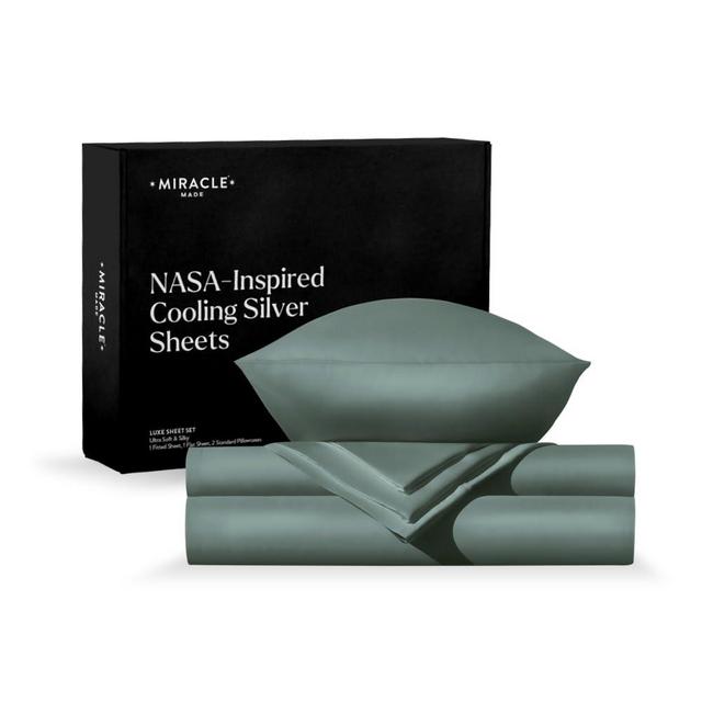 Miracle Made® Luxe Thermoregulating Bed Sheets –Sage Green, Queen– 4 Piece Linen Silver Infused, 300-Thread-Count Miracle Clean & Cool ™ Eucalyptus Lyocell Fabric for Sensitive Skin