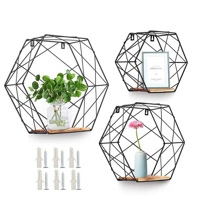 AGSIVO Wall Mounted Hexagonal Floating Shelves Farmhouse Storage Shelves for Wall,Bedroom, Living Room, Bathroom, Kitchen and Office Screws Anchors Included Set of 3,Black