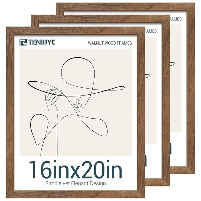 TENIBYC 16x20 Poster Frame 3 Pack with HD Glass- Brown Walnut, Natural Solid Wood Picture Frame, Wall Gallery Frame