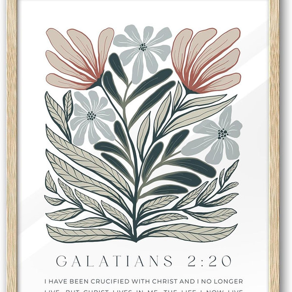 Bible Verse Floral Framed Wall Art, 12x16 in OAK Wood Boho Abstract Flowers Canvas Wall Art, Galatians 2:20 Home Decor, Beige Logs Boho Christian Set of 1 for Bedroom Living Room
