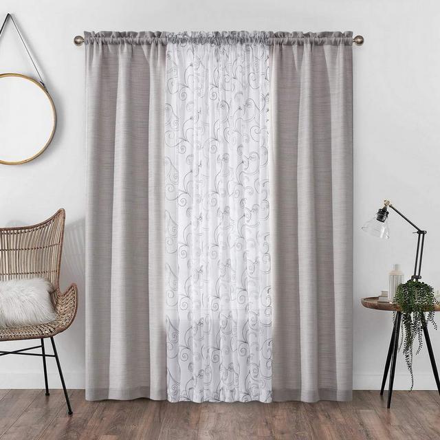 AUFENLLY Mix and Match Window Curtains – 2 Pieces Floral Embroidery and 2 Pieces Solid Slub Curtains for Living Room Bedroom, Rod Pocket 27.5”W x 84”L Per Panel, Gray, Set of 4 Panels
