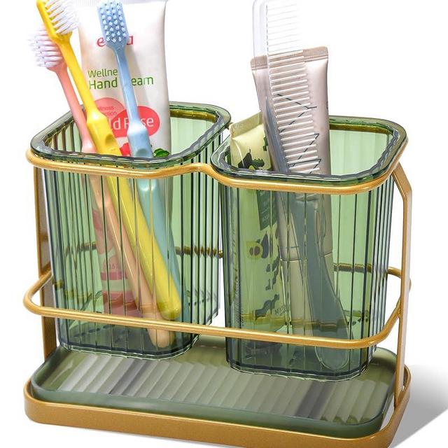 KONE Green Toothbrush Holders for Bathrooms, 2 Cups Toothbrush Holders Wall Mounted, Dry & Wet Separation, Bathroom Organizers and Storage, Bathroom Toothbrush Holder Set for Family Kids