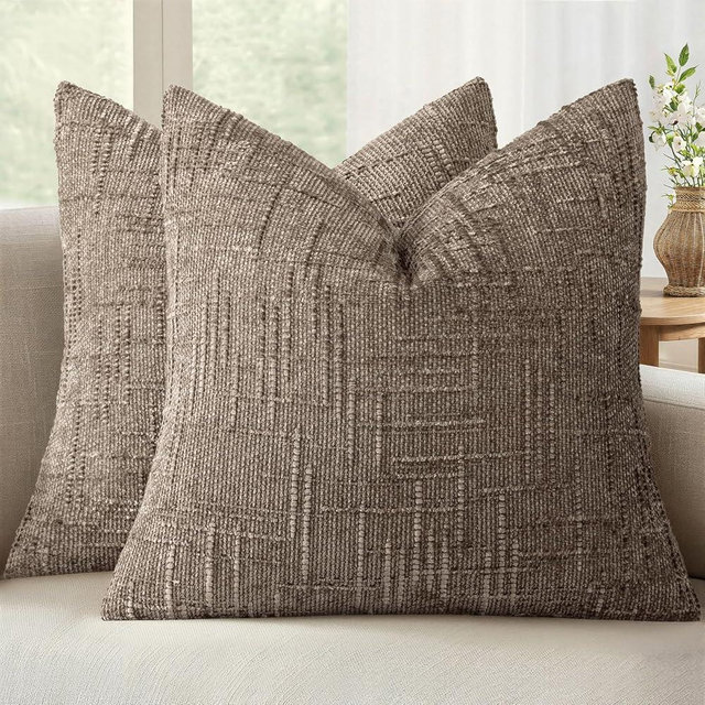 MIULEE Textured Throw Pillow Covers Thick Chenille Decorative Pillows Taupe Grey 18x18 Inch Set of 2 Modern Boho Farmhouse Home Decor Neutral Cushion Covers for Couch Sofa Living Room Bedroom