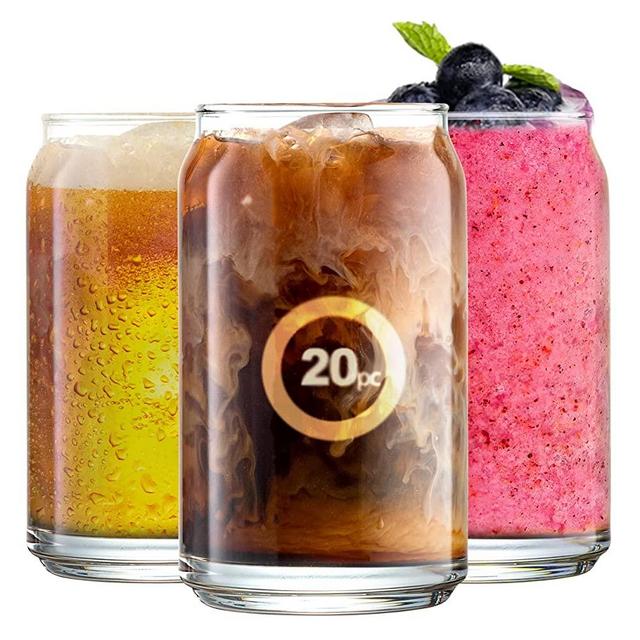 20pc Set Drinking Glasses - Can Shaped Glass Cups, 16oz Beer Glasses, Tumbler Cup, Cocktail Glasses, Whiskey Glasses, Iced Coffee Glasses, Iced Tea Glasses Wine Cups, Goblet Cup, Bulk.