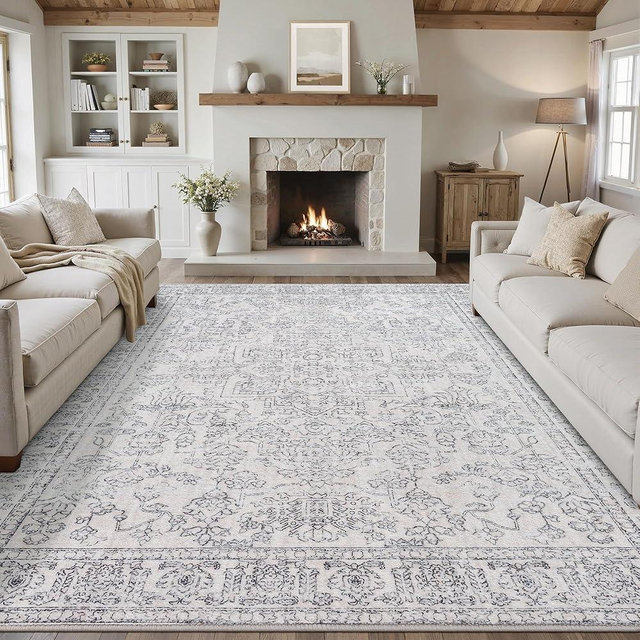 HUGEAR 6x9 Area Rugs for Living Room Vintage Washable Rugs Grey Boho Floral Medallion Print Low Pile Non Slip Carpet Distressed Throw Rug for Bedroom Office Dining Room Kitchen Laundry Room