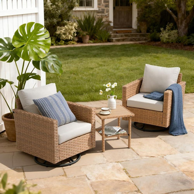 SUNSITT 3-Pieces Patio Furniture Set, Outdoor Wicker Swivel Rocker Chairs with Wood Top Side Table & Thick Comfy Cushions, for Porch, Balcony, Deck, Natural Rattan Color
