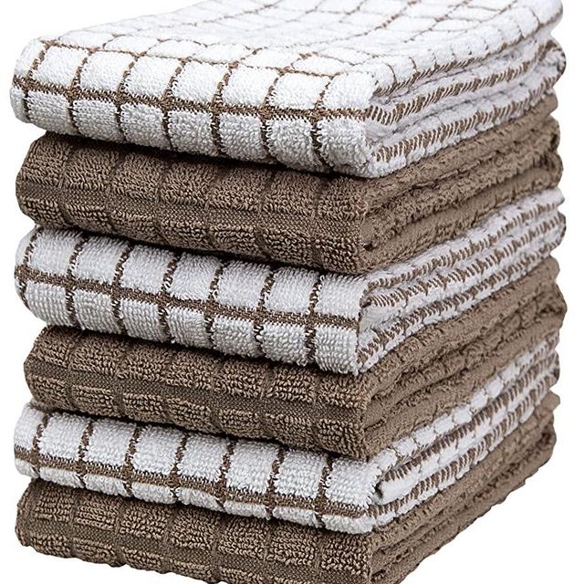 Premium Kitchen Towels (16”x 28”, 6 Pack) – Large Cotton Kitchen Hand Towels – Chef Weave Design – 380 GSM Highly Absorbent Tea Towels Set with Hanging Loop – Tan