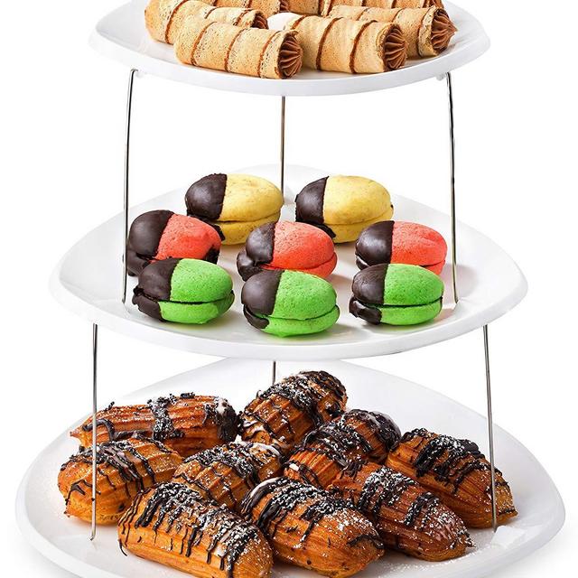 Masirs - Twist Fold Party Tray, 3 Tier - The Decorative Plastic Appetizer Trays Twist Down and Fold Inside for Minimal Storage Space. An Elegant Tray for Serving Sandwiches, Cake, Sliced Cheese and Deli Meat.