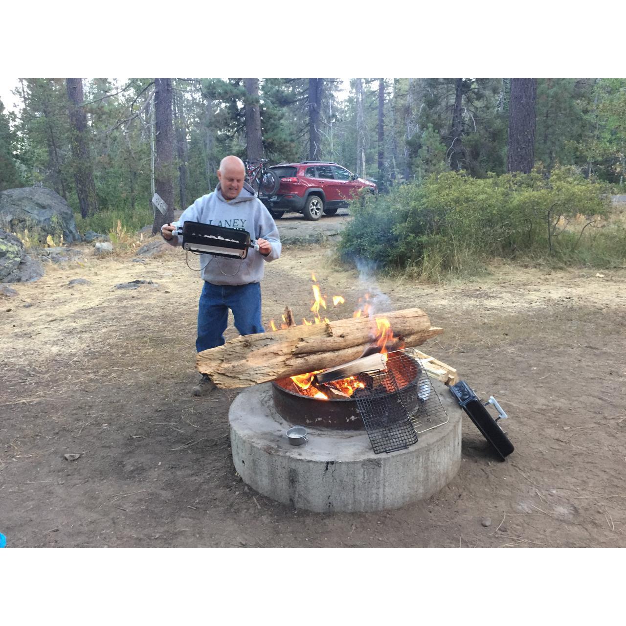 He got busted by the campground host for building this fire. Was there not enough wood??