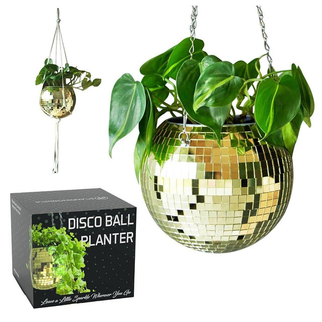 SCANDINORDICA Disco Ball Planter – Value Package: Mirror Disco Planter with Chain, Macrame Hanger and Acrylic Stand for Desk, Includes Self Watering Insert, Disco Decor | 8 inch Gold