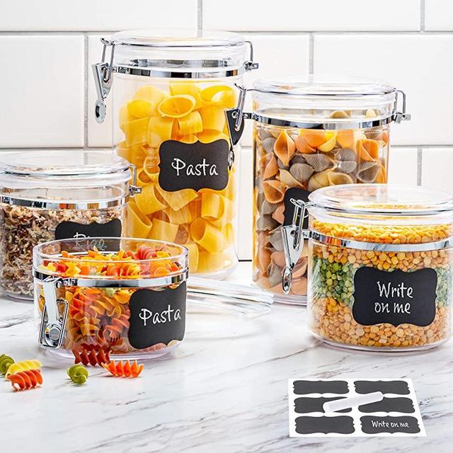 Beautiful 5-Piece Airtight Acrylic Canister Set For Kitchen Counter, Food Storage Container For Pantry, Tea, Sugar, Coffee, Candy, Flour Canisters With Locking Clamp Lids And Chalkboard Labels+Chalk.