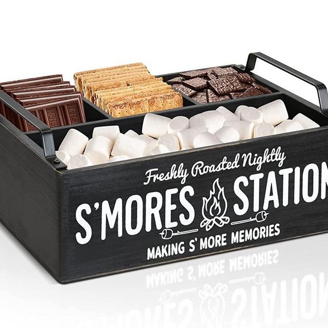 S'Mores Station, Farmhouse S'mores Bar Holder with Handles, Smores Caddy, Smores Accessories Organizer, Smores Supplies Container Box, Smores Maker Box for Smores Kit, Smores Serving Tray（Black)