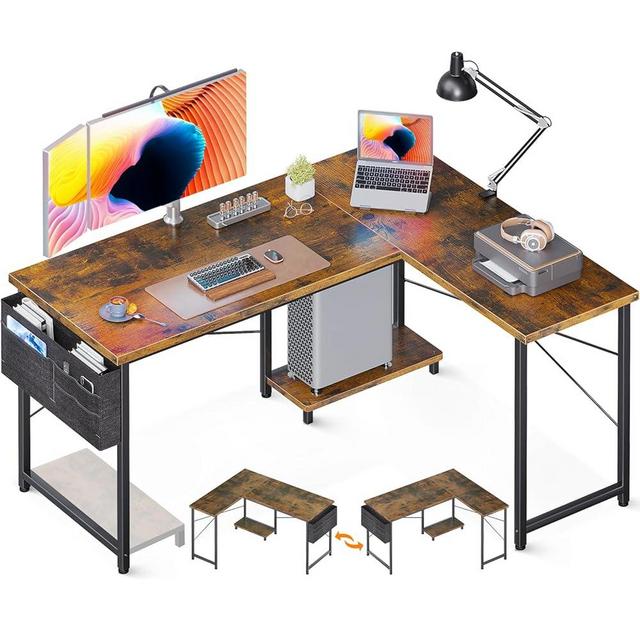 AODK L Shaped Desk, 50 Inch Computer Desk with Storage Bag, Reversible Home Office Desk with Host Stand, Vintage Corner Table for Bedroom Studio, Modern Wood PC Desk for Study Work