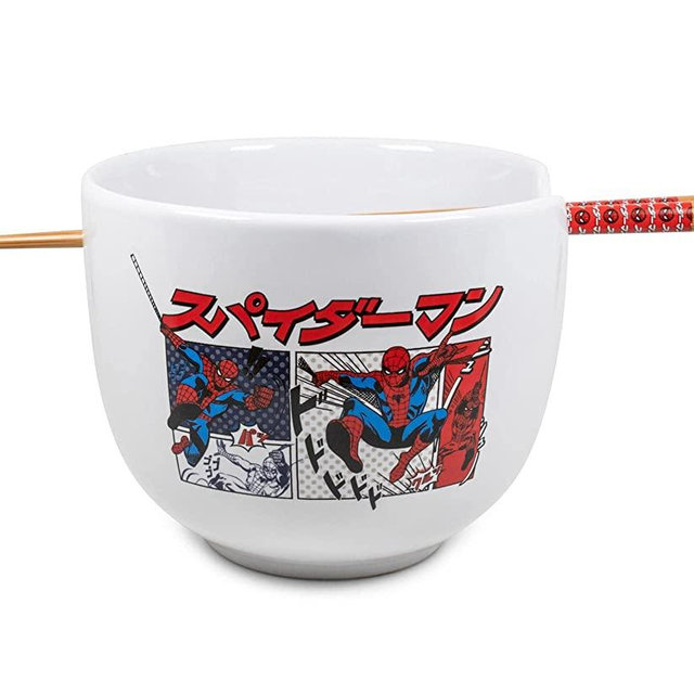 Silver Buffalo Marvel Spiderman Manga Comic Panels Boxed Ceramic Ramen Bowl with Chopsticks, 20 Ounces