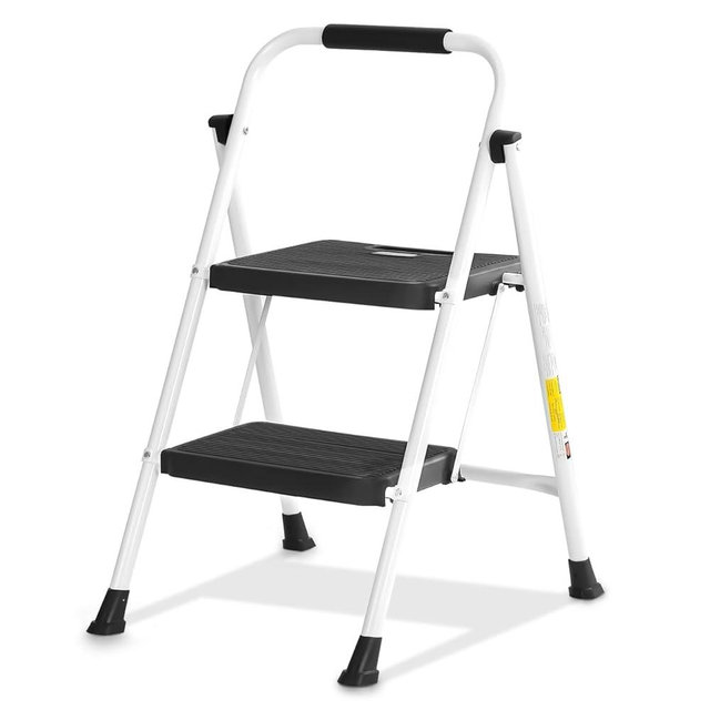 Lifetime Home 2-Step Ladder with Wide Anti-Slip Platform & Thick Rubber Feet - Lightweight Heavy Duty Foldable & Portable - 330 lbs Capacity, Steel Frame, Rubber Handgrip, Folding Step Stool - White