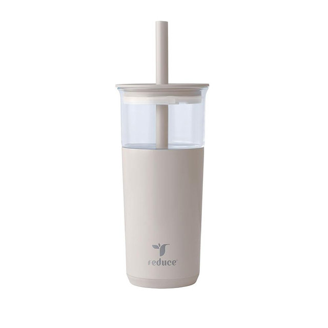 REDUCE Aspen 20 oz Vacuum Insulated Glass Tumbler with Lid & Extra Wide Straw - Keeps Drinks Cold for 12 Hrs - Ideal for Iced Coffee, Smoothies & Boba - Dishwasher Safe, Soft Base - Sand